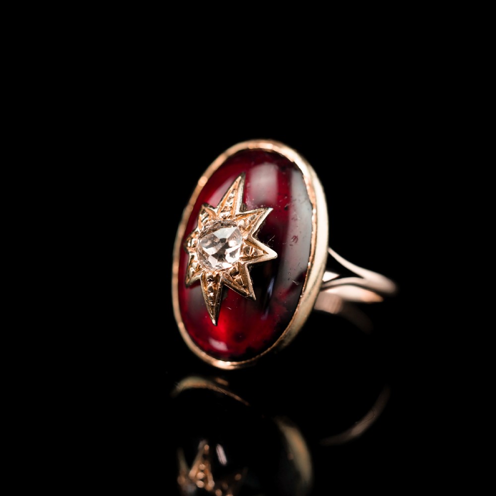 Large Antique Victorian 18ct Gold Garnet Cabochon & Diamond Star Ring - c.1860 View XIV