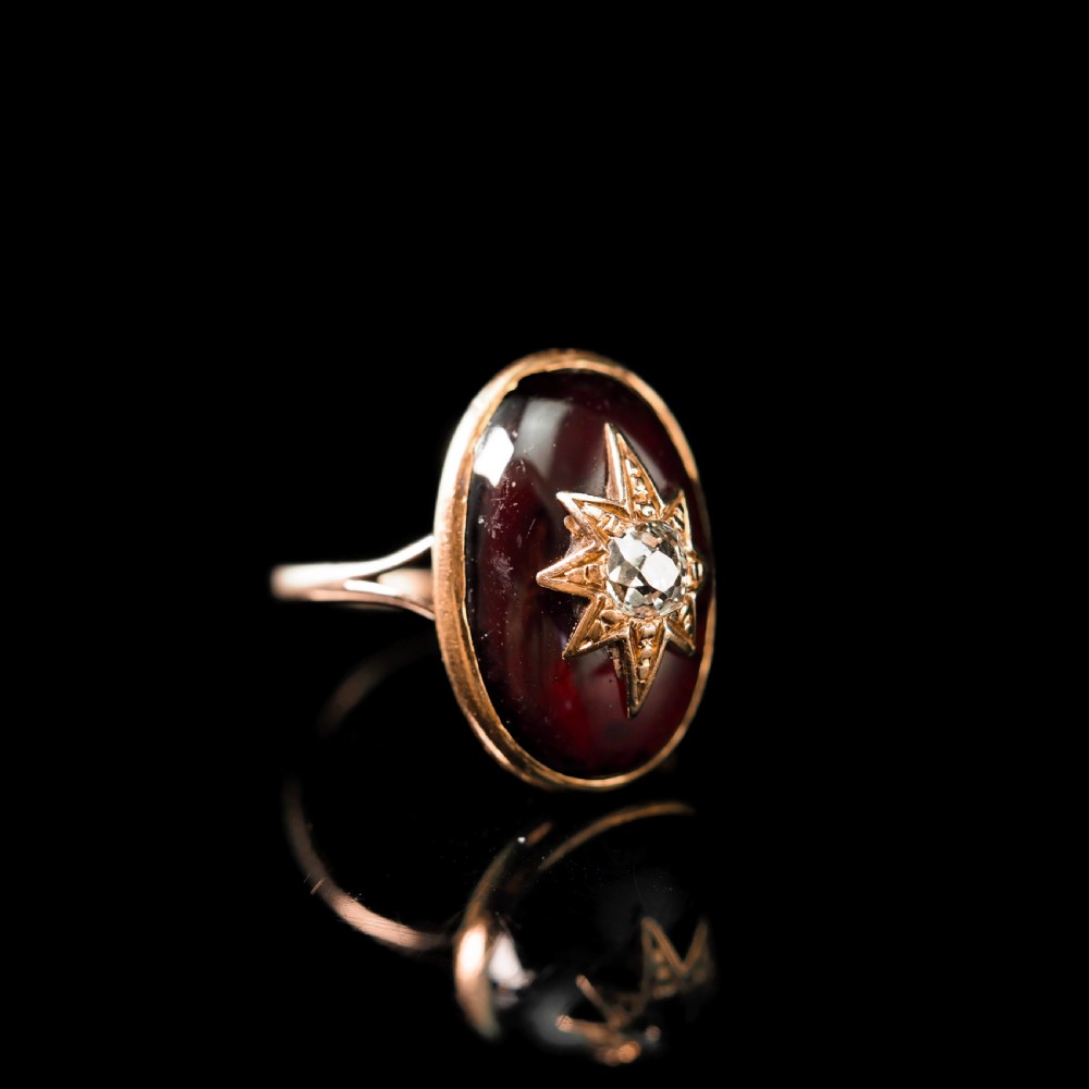 Large Antique Victorian 18ct Gold Garnet Cabochon & Diamond Star Ring - c.1860 View XV