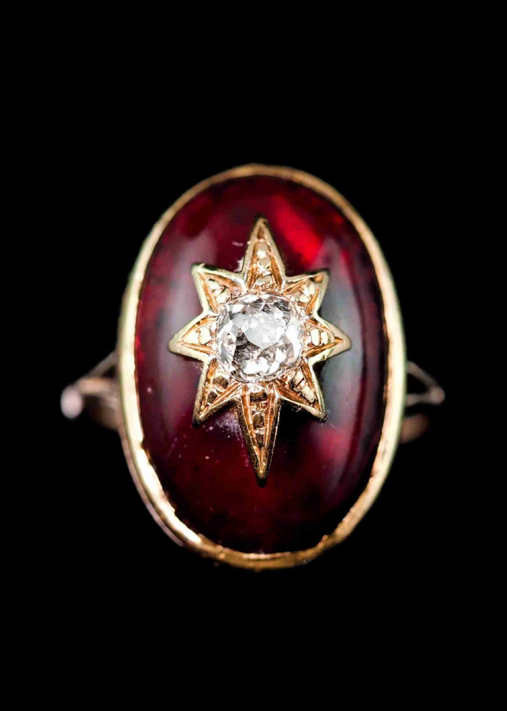 Large Antique Victorian 18ct Gold Garnet Cabochon & Diamond Star Ring - c.1860