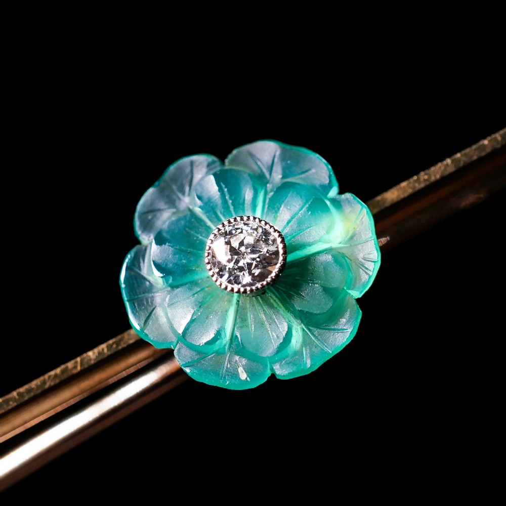 A Spectacular Chalcedony & Diamond 15ct Gold Brooch with Translucent Flower Design