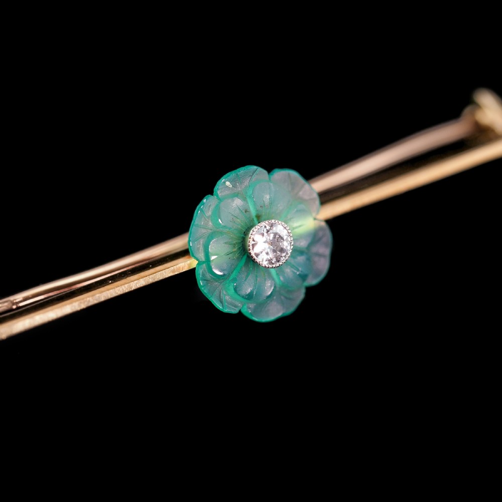 A Spectacular Chalcedony & Diamond 15ct Gold Brooch with Translucent Flower Design View XXV
