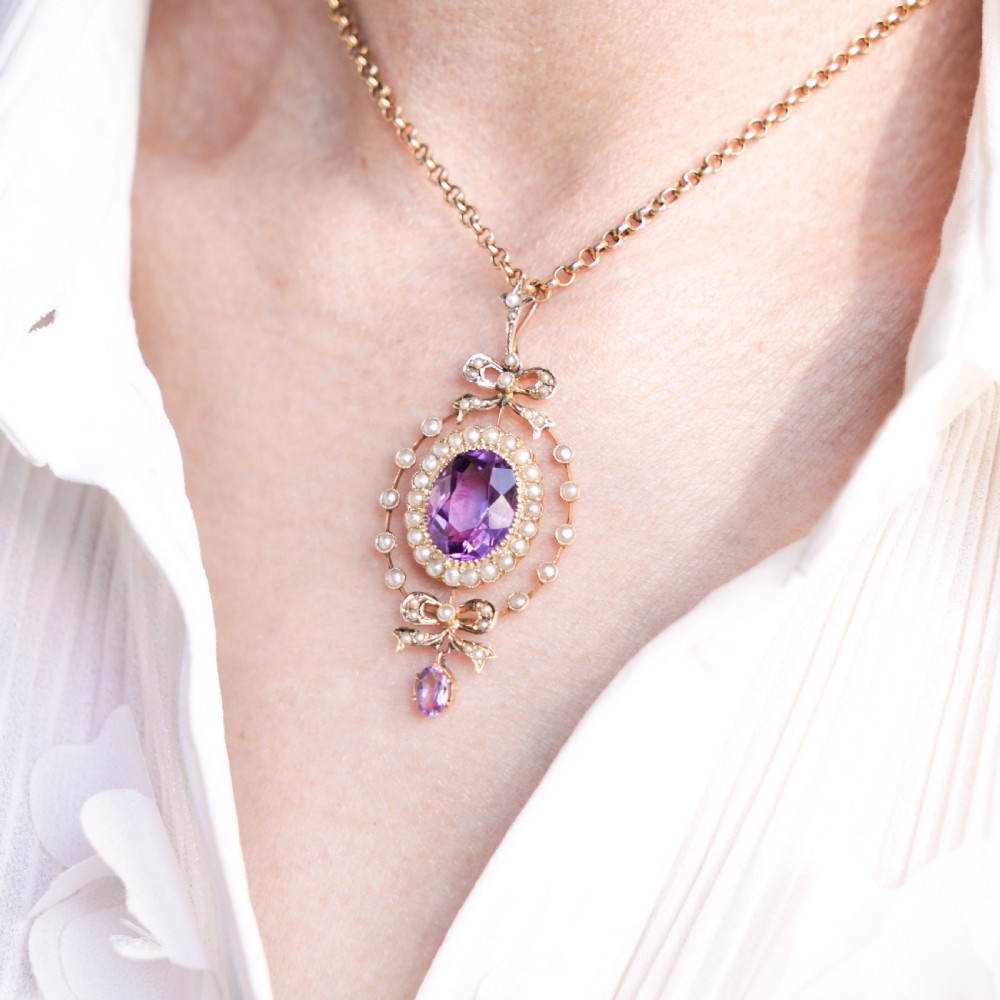 Antique Edwardian Amethyst & Seed Pearl 9K Gold Necklace Pendant - c.1905