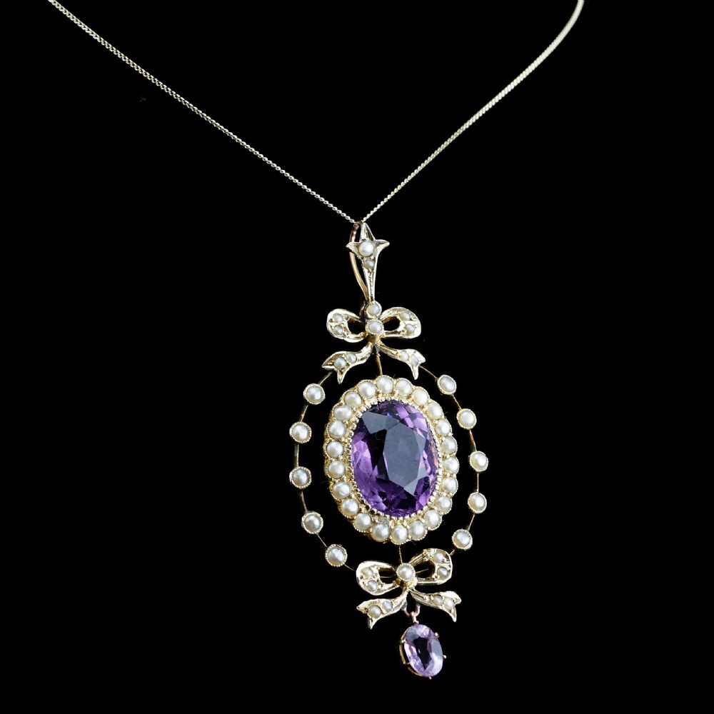 Antique Edwardian Amethyst & Seed Pearl 9K Gold Necklace Pendant - c.1905 View II
