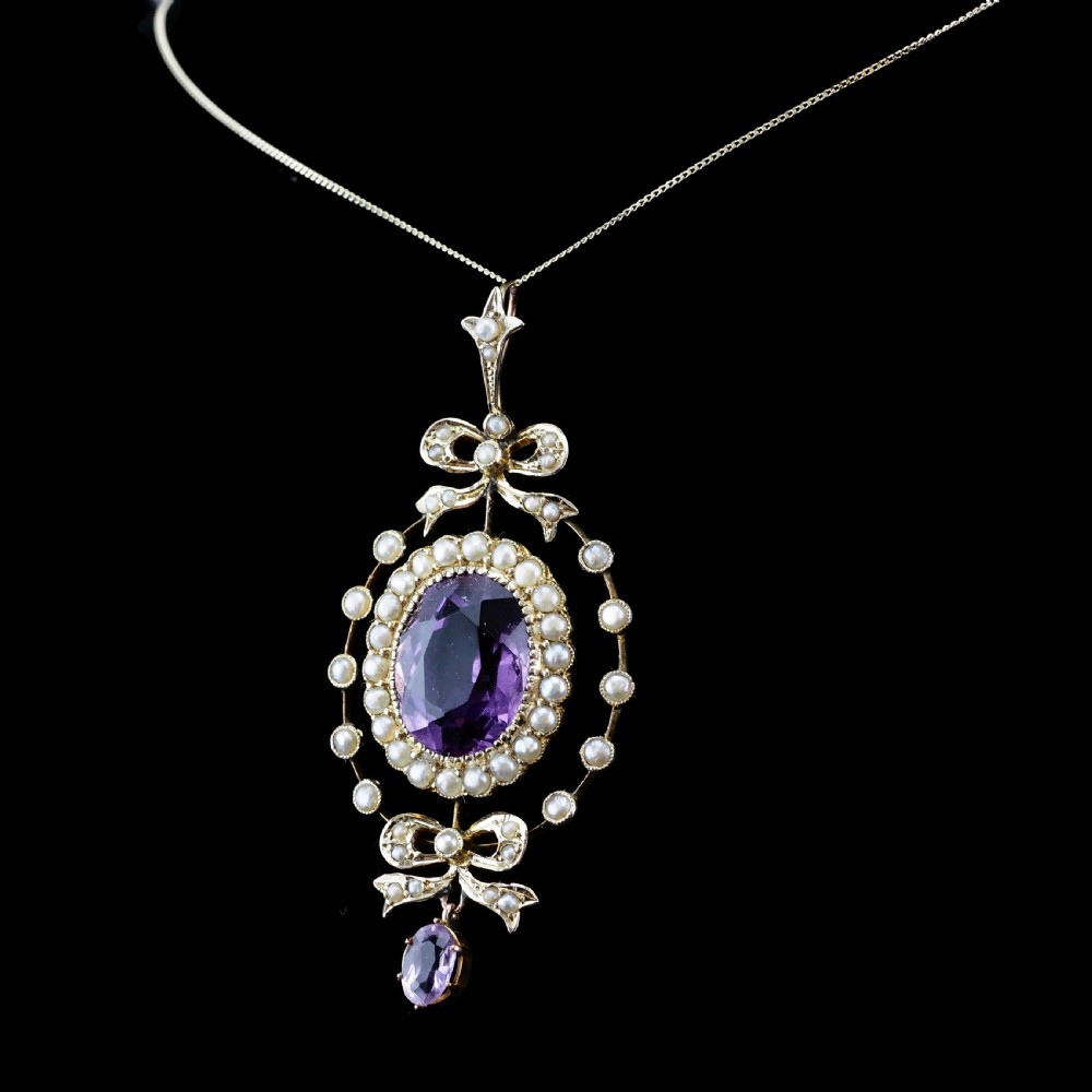 Antique Edwardian Amethyst & Seed Pearl 9K Gold Necklace Pendant - c.1905 View IV