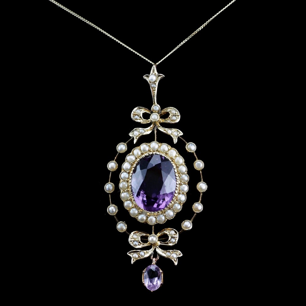 Antique Edwardian Amethyst & Seed Pearl 9K Gold Necklace Pendant - c.1905 View V