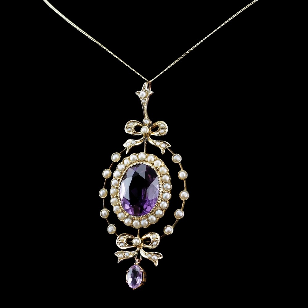 Antique Edwardian Amethyst & Seed Pearl 9K Gold Necklace Pendant - c.1905 View VI