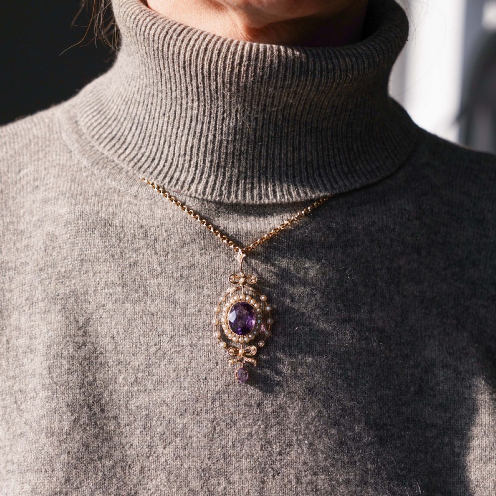 Antique Edwardian Amethyst & Seed Pearl 9K Gold Necklace Pendant - c.1905 View VIII