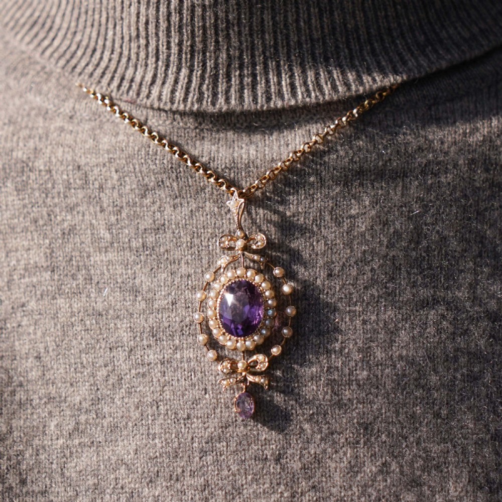 Antique Edwardian Amethyst & Seed Pearl 9K Gold Necklace Pendant - c.1905 View IX