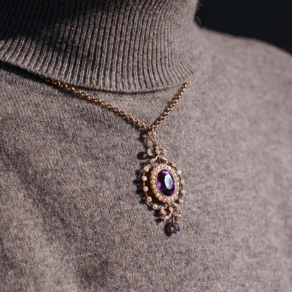 Antique Edwardian Amethyst & Seed Pearl 9K Gold Necklace Pendant - c.1905 View X