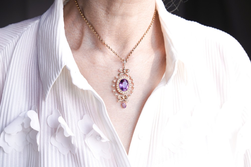 Antique Edwardian Amethyst & Seed Pearl 9K Gold Necklace Pendant - c.1905 View XI