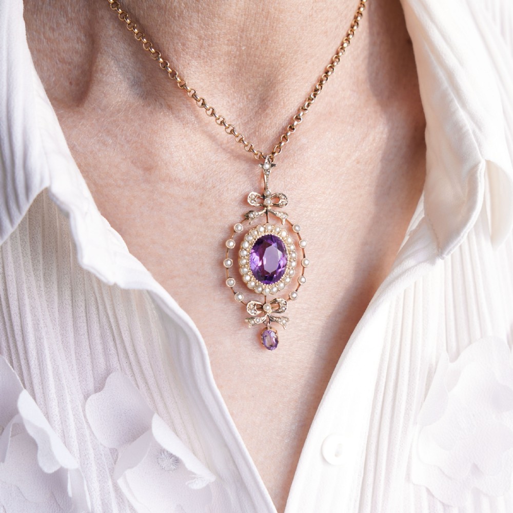 Antique Edwardian Amethyst & Seed Pearl 9K Gold Necklace Pendant - c.1905 View XII
