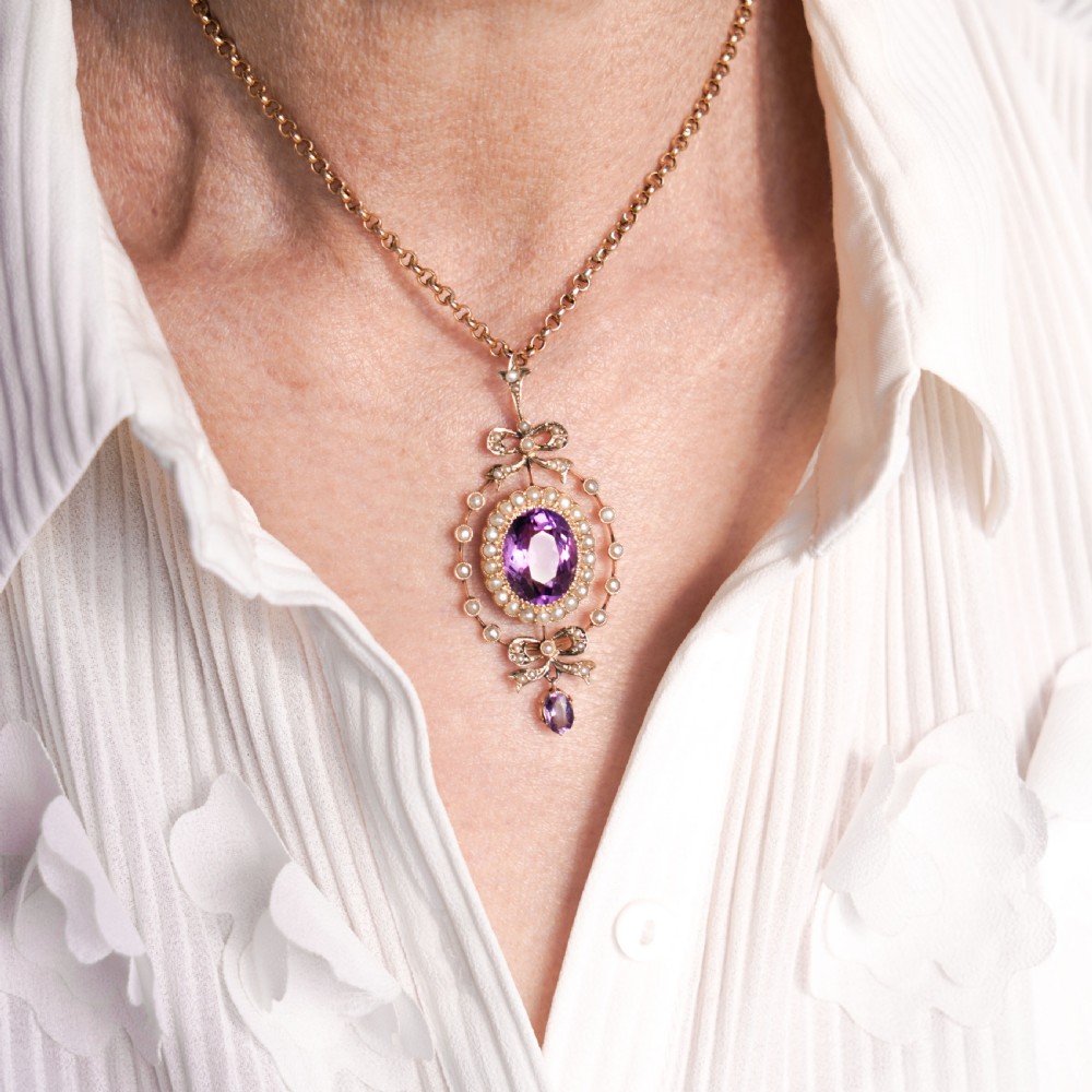 Antique Edwardian Amethyst & Seed Pearl 9K Gold Necklace Pendant - c.1905 View XIII