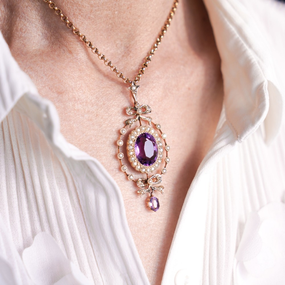 Antique Edwardian Amethyst & Seed Pearl 9K Gold Necklace Pendant - c.1905 View XIV