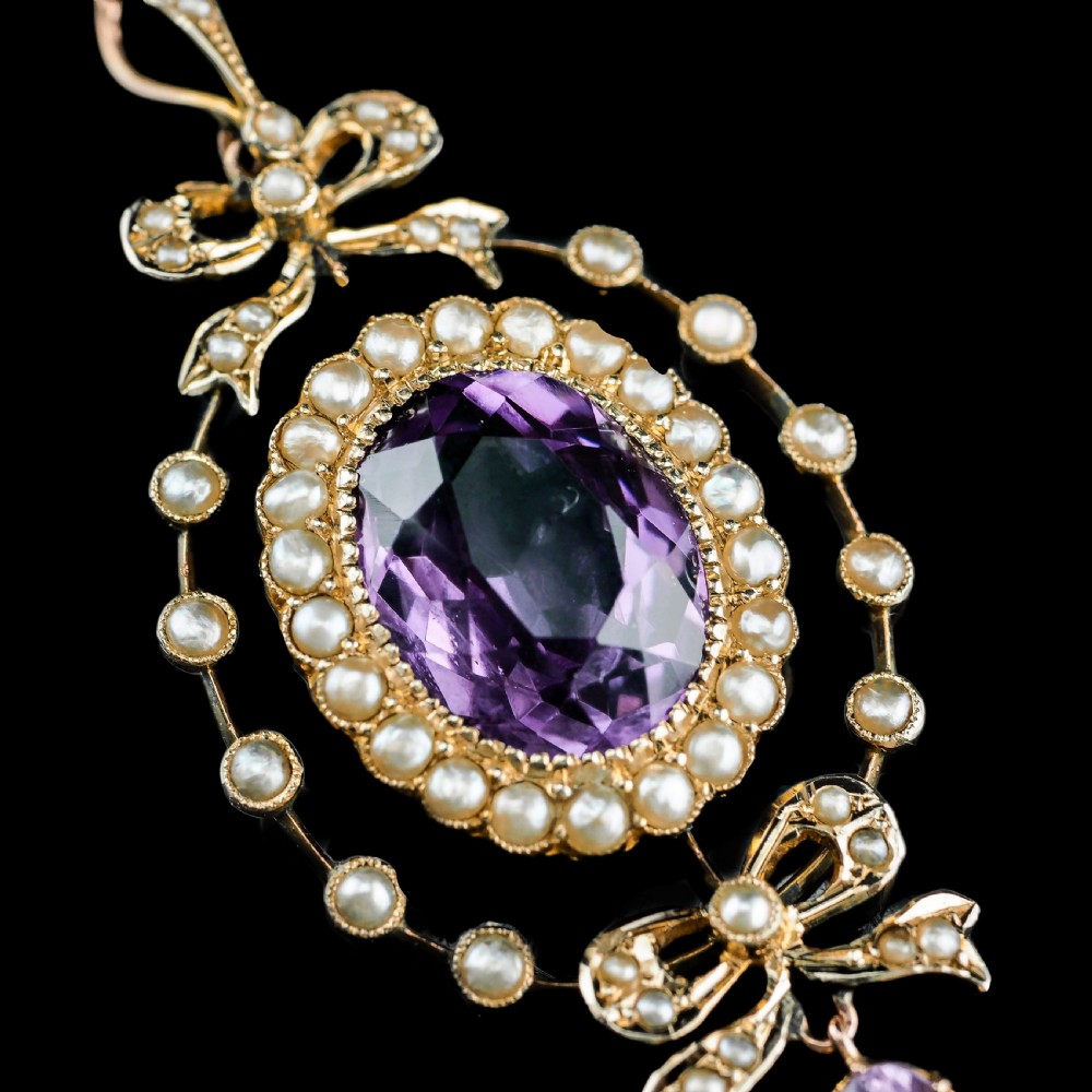 Antique Edwardian Amethyst & Seed Pearl 9K Gold Necklace Pendant - c.1905 View XV