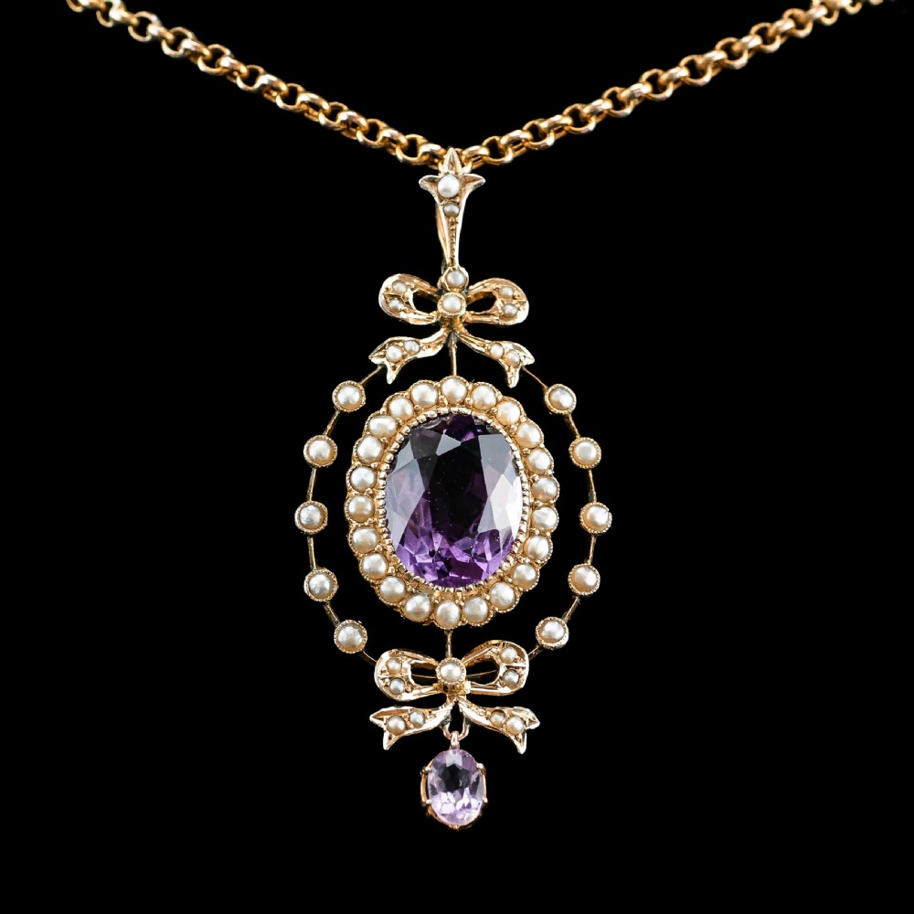 Antique Edwardian Amethyst & Seed Pearl 9K Gold Necklace Pendant - c.1905 View XVI