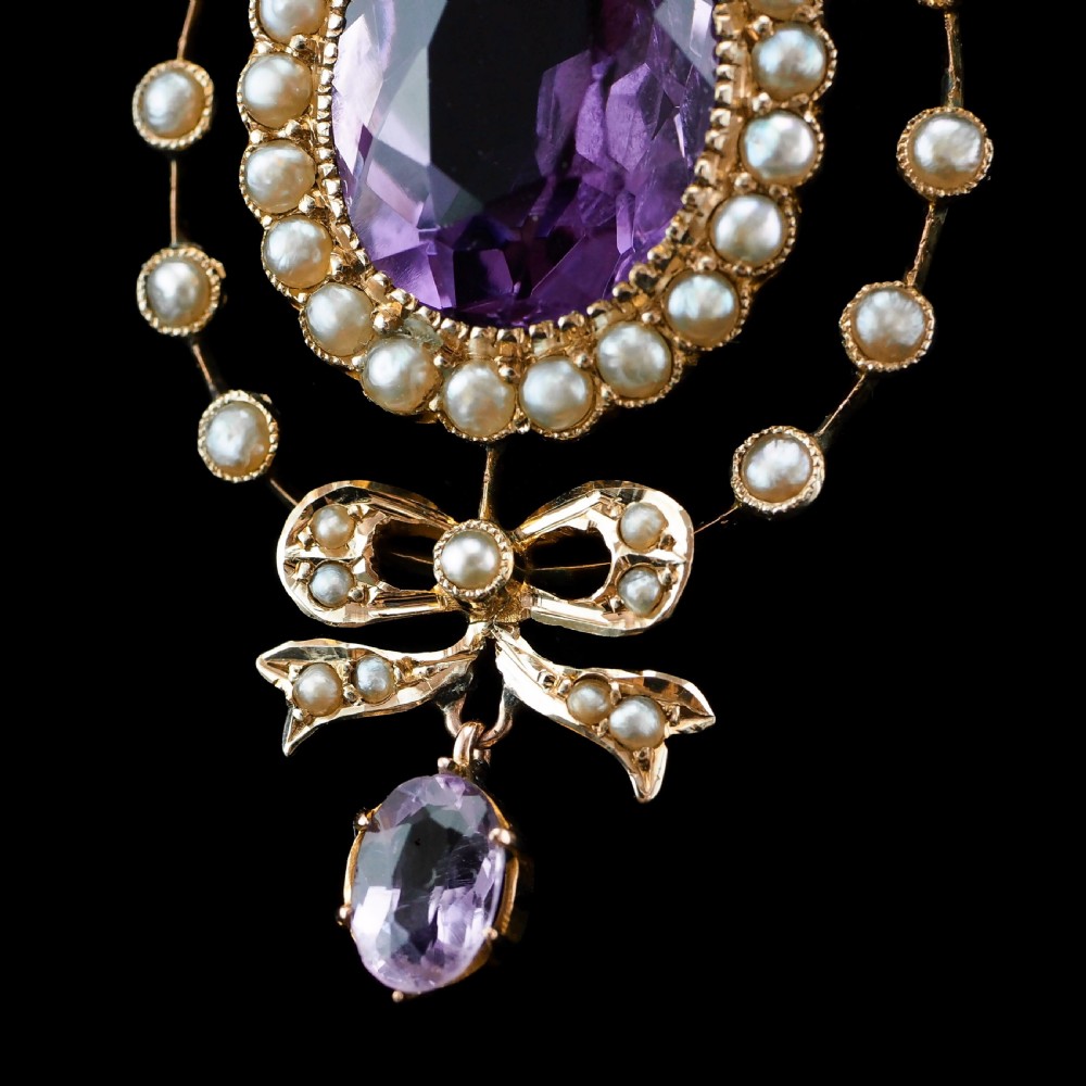 Antique Edwardian Amethyst & Seed Pearl 9K Gold Necklace Pendant - c.1905 View XVII