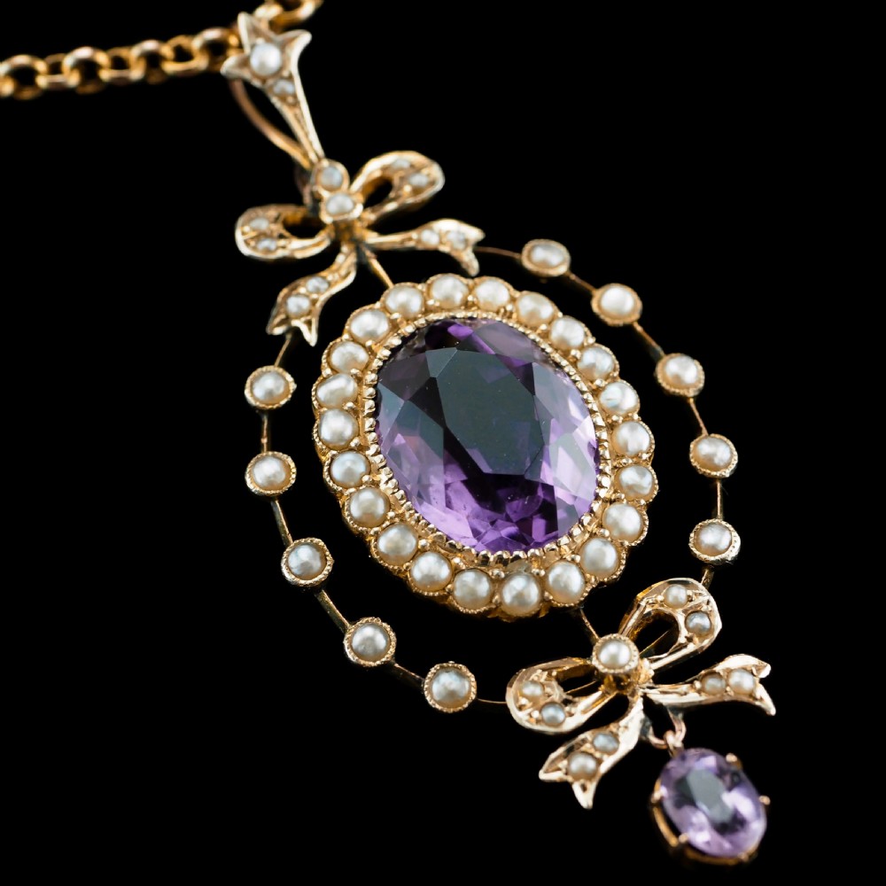 Antique Edwardian Amethyst & Seed Pearl 9K Gold Necklace Pendant - c.1905 View XVIII