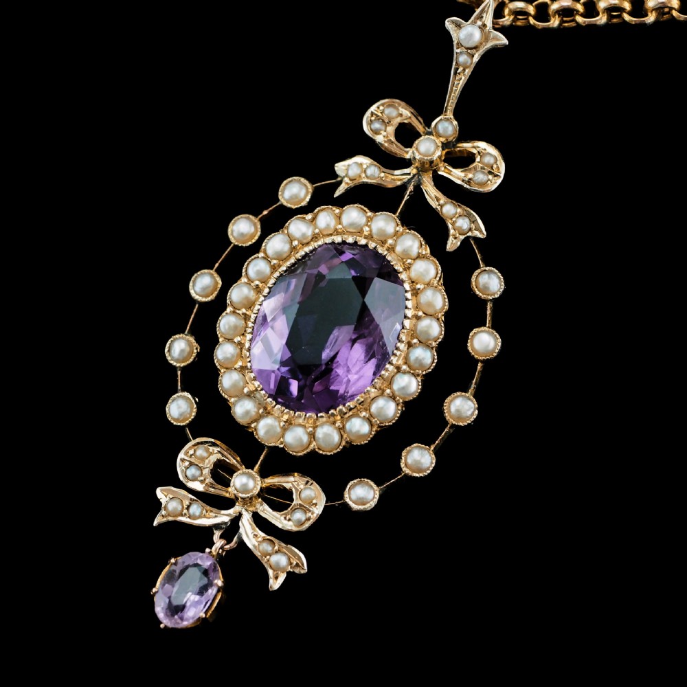 Antique Edwardian Amethyst & Seed Pearl 9K Gold Necklace Pendant - c.1905 View XIX