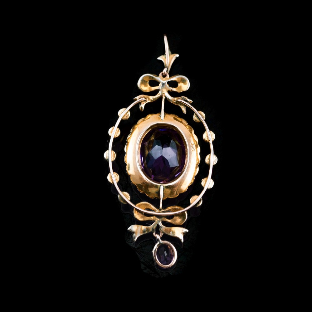 Antique Edwardian Amethyst & Seed Pearl 9K Gold Necklace Pendant - c.1905 View XX