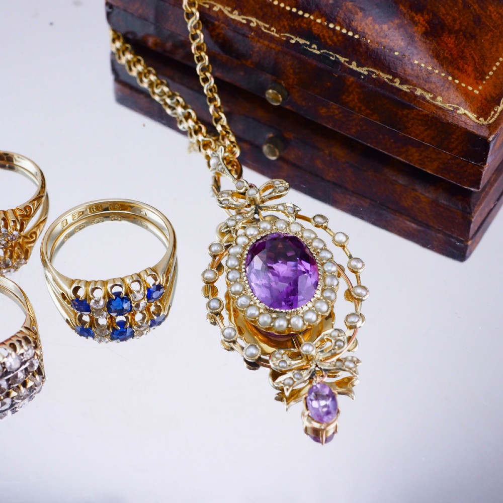 Antique Edwardian Amethyst & Seed Pearl 9K Gold Necklace Pendant - c.1905 View XXII