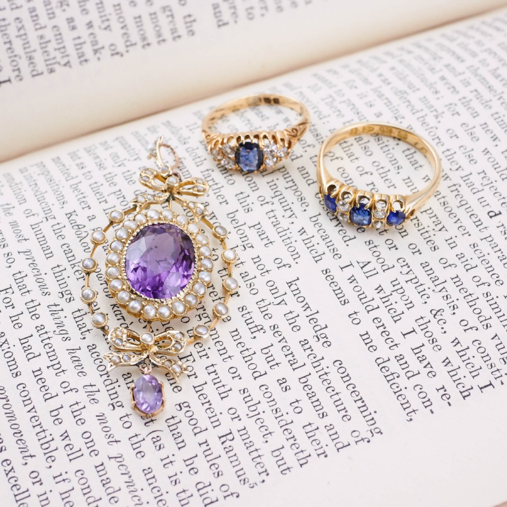 Antique Edwardian Amethyst & Seed Pearl 9K Gold Necklace Pendant - c.1905 View XXIII