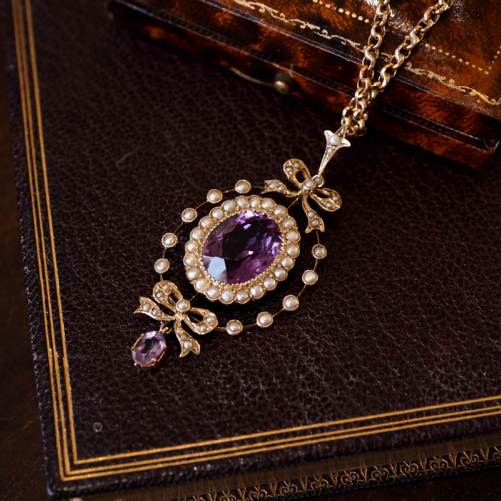 Antique Edwardian Amethyst & Seed Pearl 9K Gold Necklace Pendant - c.1905 View XXIV