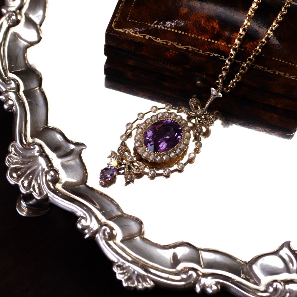 Antique Edwardian Amethyst & Seed Pearl 9K Gold Necklace Pendant - c.1905 View XXV
