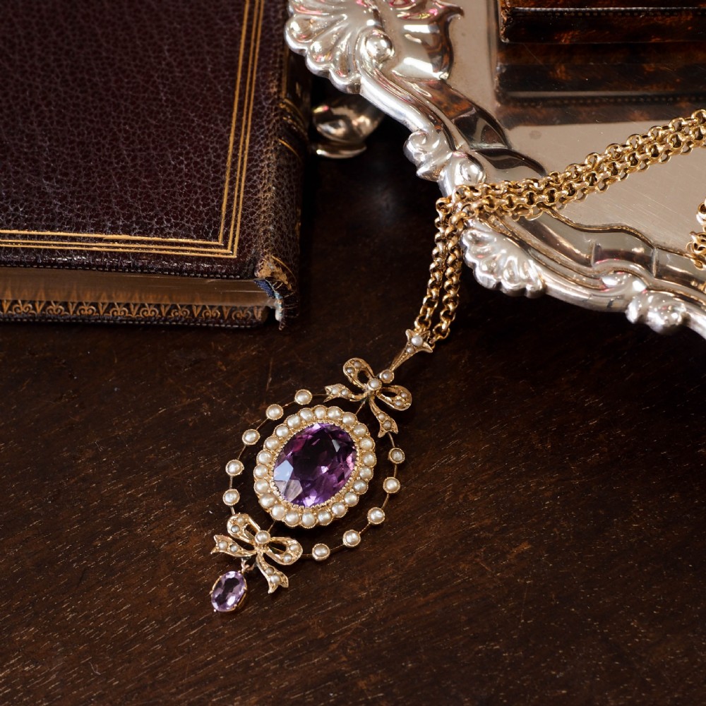 Antique Edwardian Amethyst & Seed Pearl 9K Gold Necklace Pendant - c.1905 View XXVI