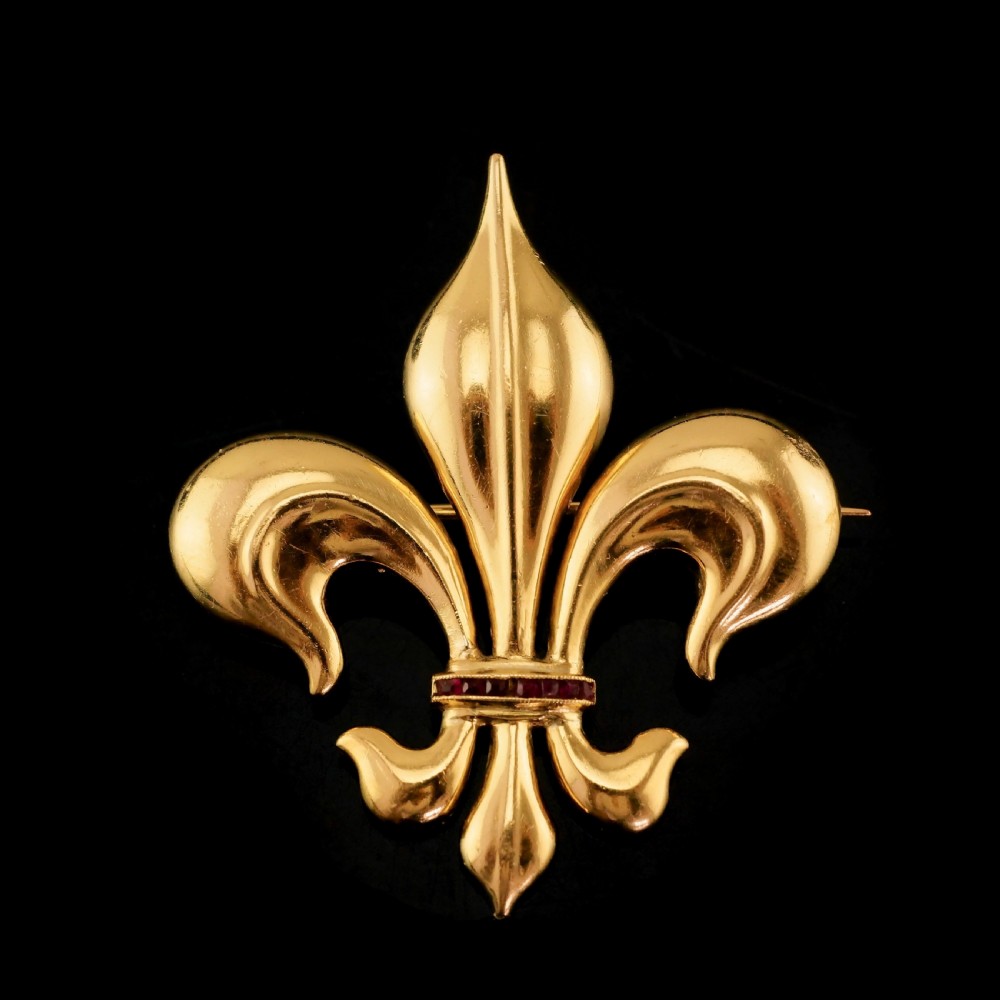 Antique Victorian Large 18K Gold & Ruby Fleur De Lis Brooch - c.1900