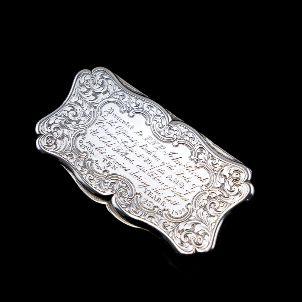 Antique Victorian Solid Silver Snuff Box with Fine Engravings Cartouche Design - Edward Smith 1850 View II