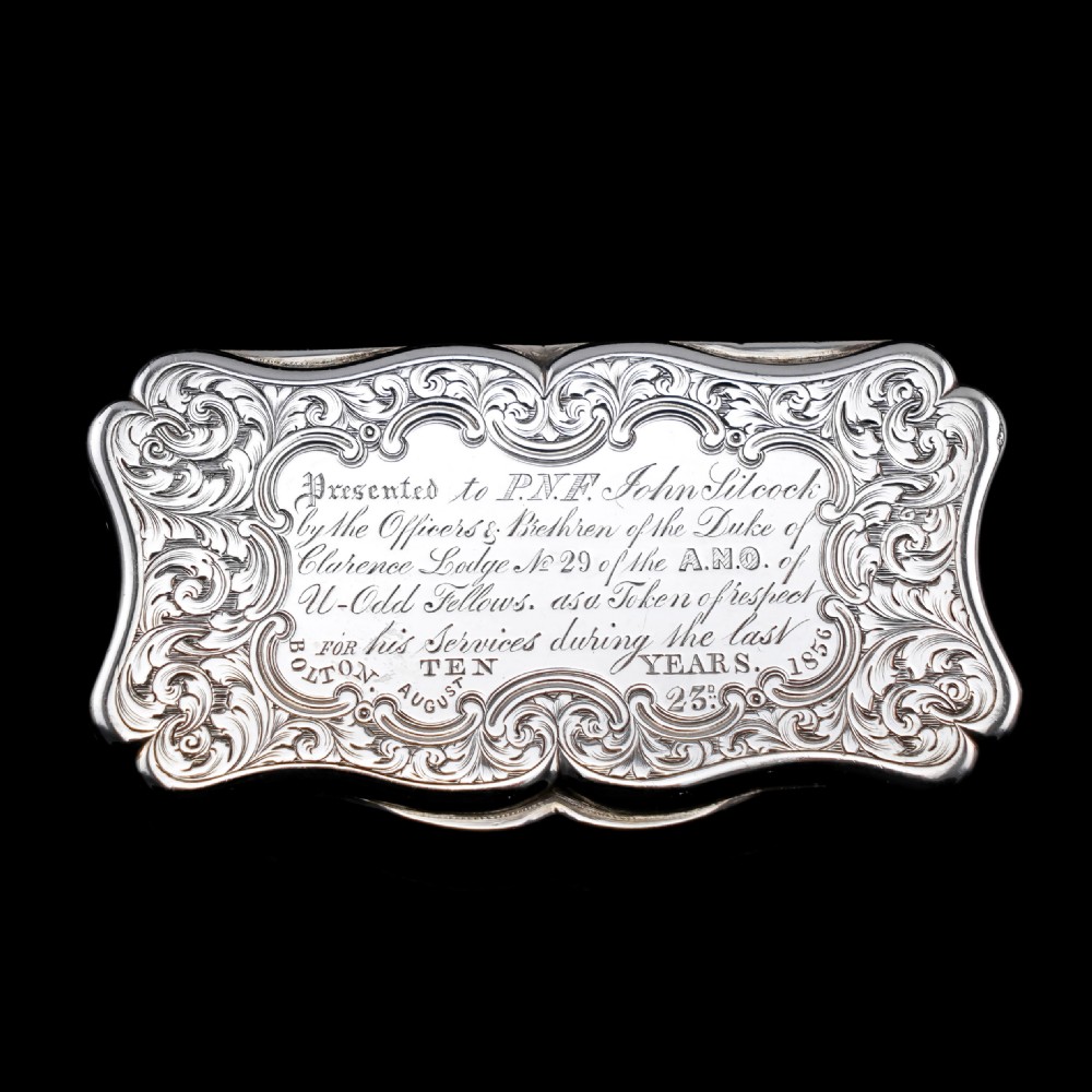 Antique Victorian Solid Silver Snuff Box with Fine Engravings Cartouche Design - Edward Smith 1850 View III