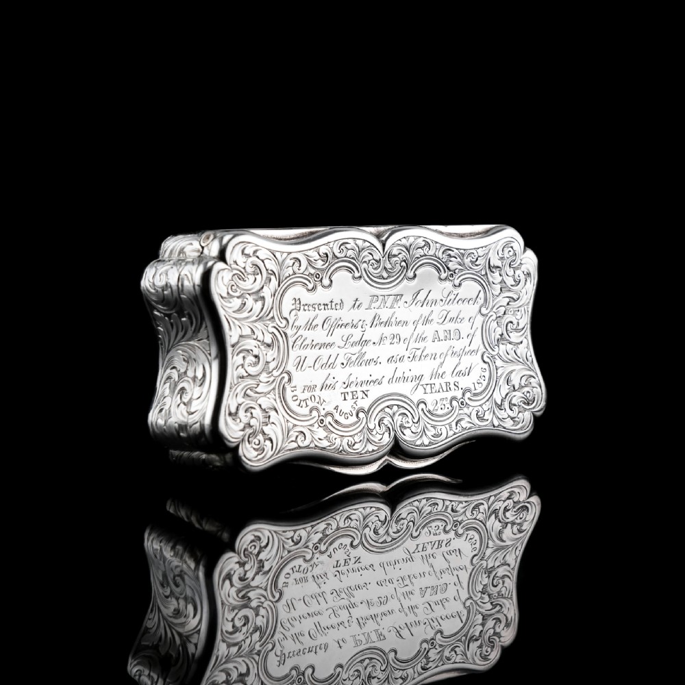 Antique Victorian Solid Silver Snuff Box with Fine Engravings Cartouche Design - Edward Smith 1850 View V