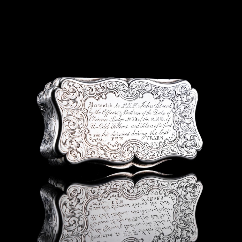 Antique Victorian Solid Silver Snuff Box with Fine Engravings Cartouche Design - Edward Smith 1850 View VI