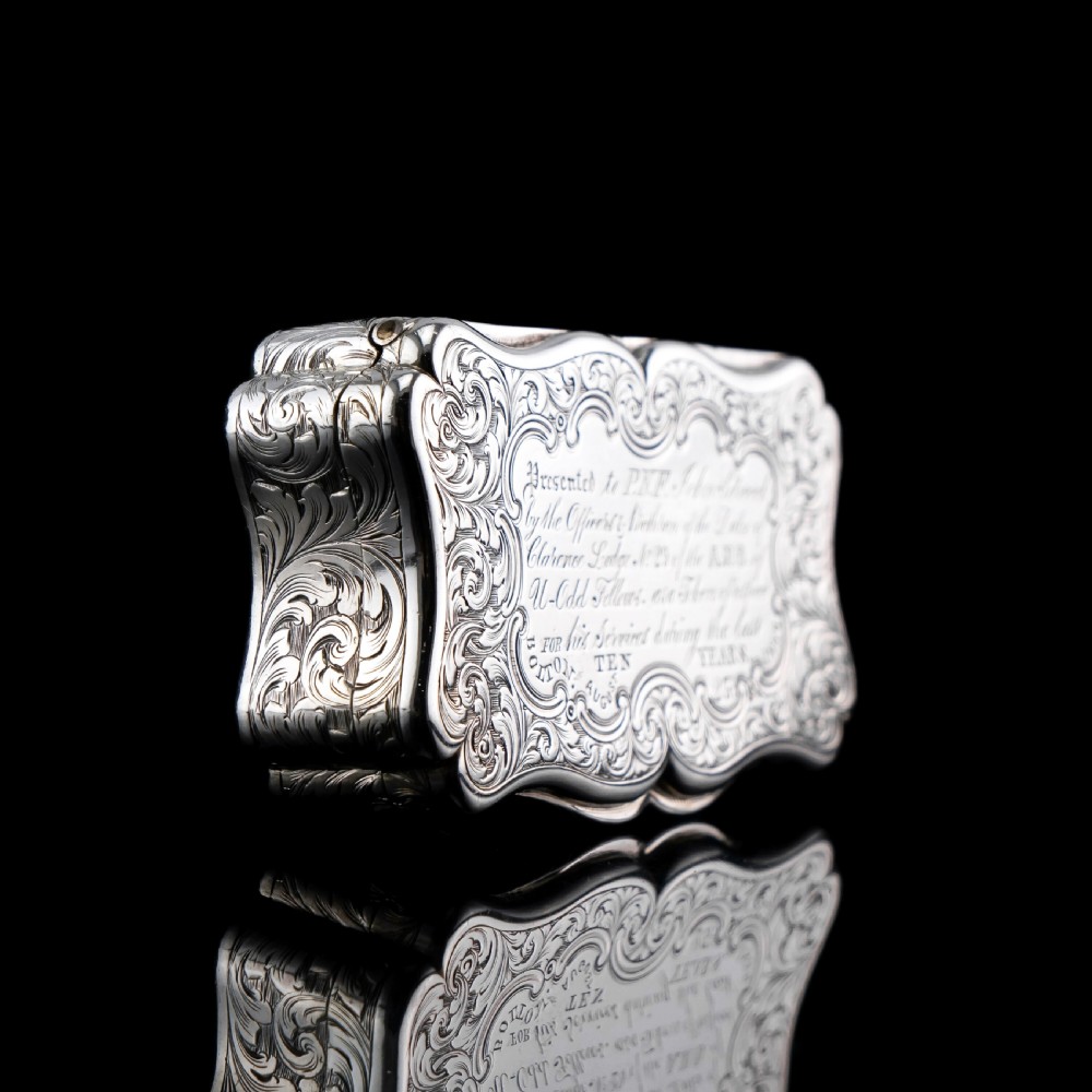 Antique Victorian Solid Silver Snuff Box with Fine Engravings Cartouche Design - Edward Smith 1850 View VII