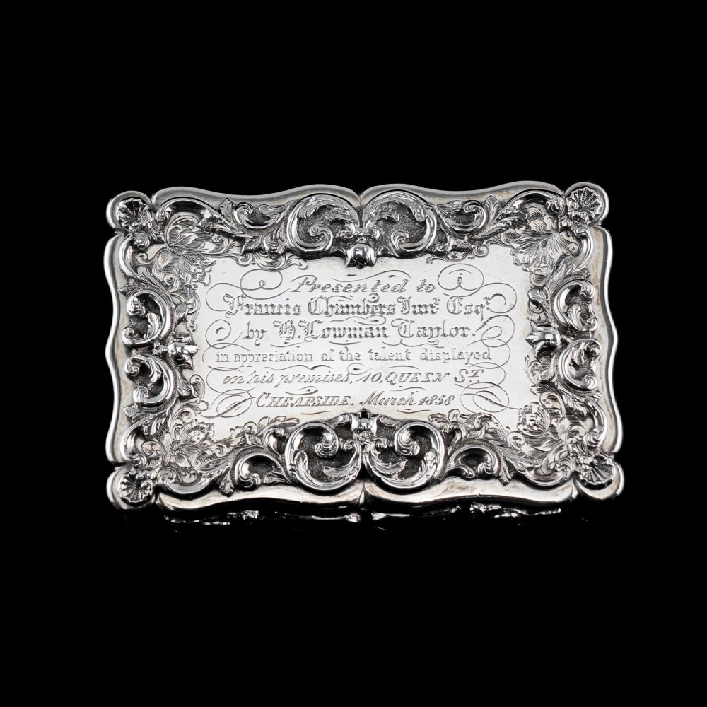 A Large Victorian Solid Silver Snuff Box with Cast Border - Edward Smith 1847 View IV