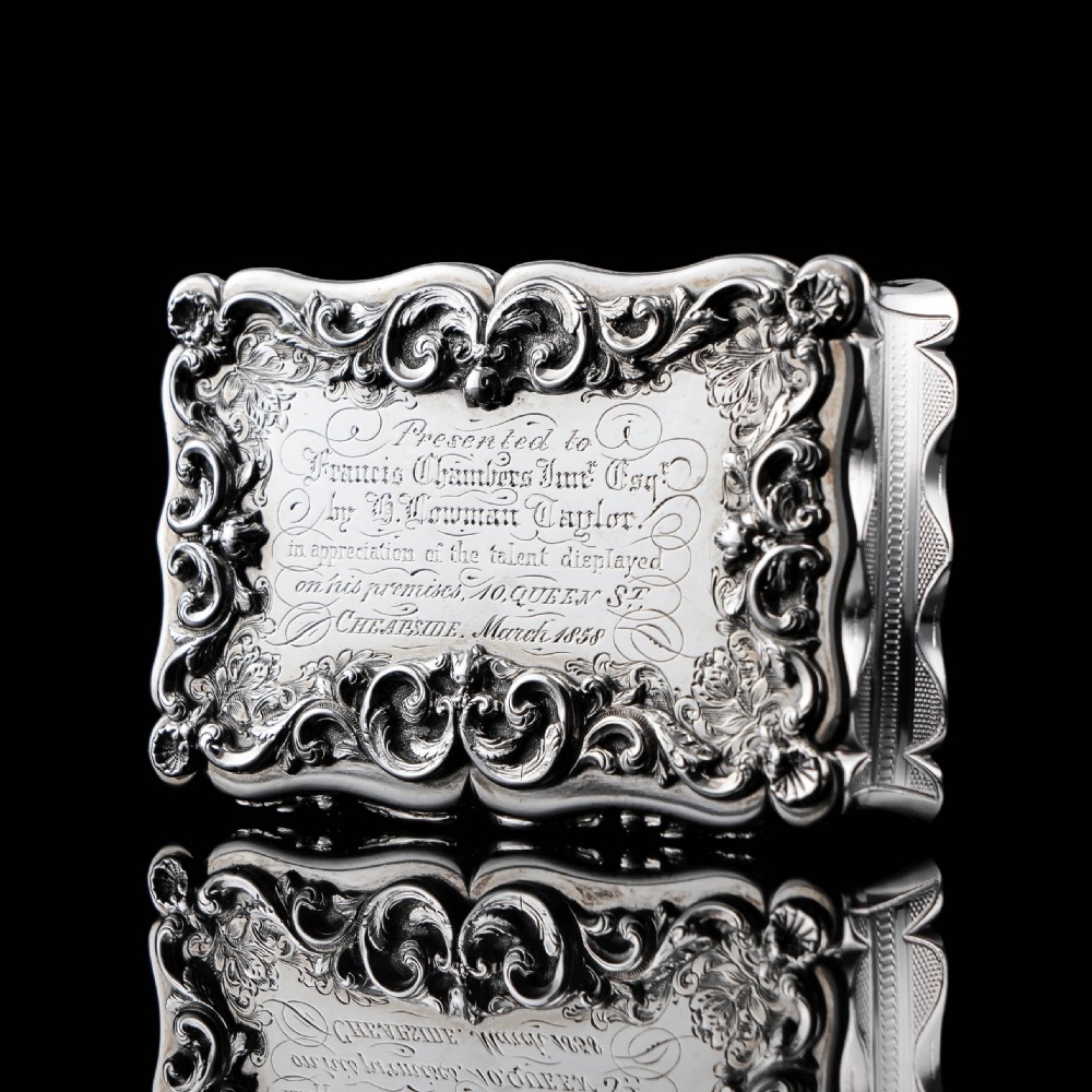 A Large Victorian Solid Silver Snuff Box with Cast Border - Edward Smith 1847 View VIII
