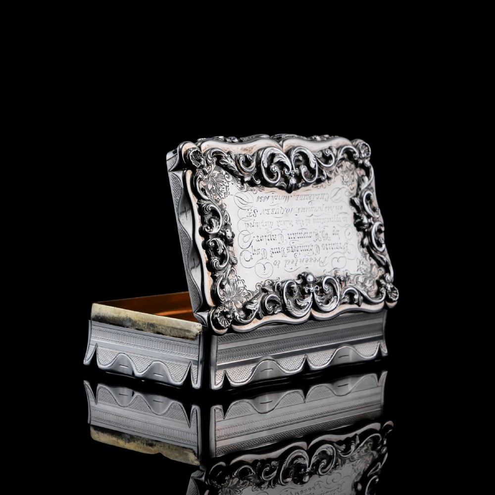 A Large Victorian Solid Silver Snuff Box with Cast Border - Edward Smith 1847 View XII