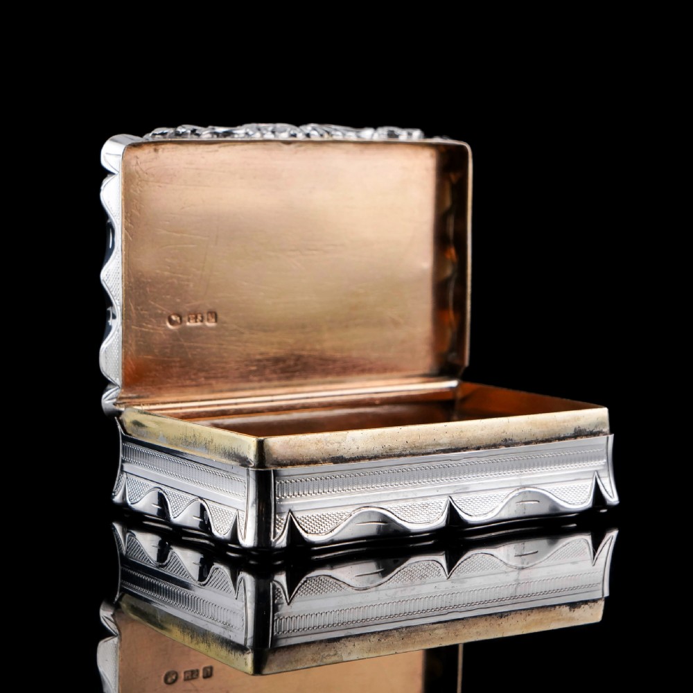 A Large Victorian Solid Silver Snuff Box with Cast Border - Edward Smith 1847 View XVIII