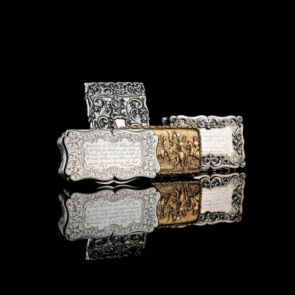 A Large Victorian Solid Silver Snuff Box with Cast Border - Edward Smith 1847 View XXV