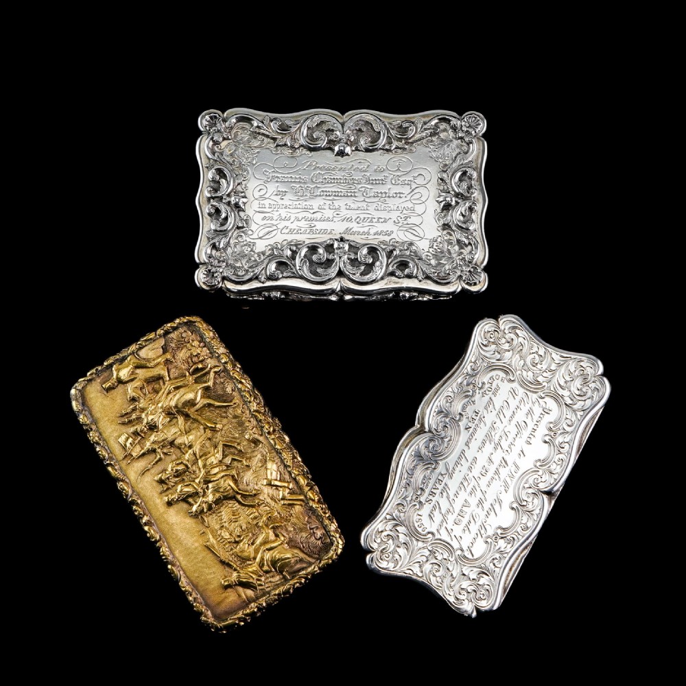 A Large Victorian Solid Silver Snuff Box with Cast Border - Edward Smith 1847 View XXVI
