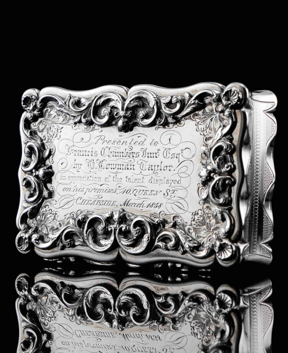 A Large Victorian Solid Silver Snuff Box with Cast Border - Edward Smith 1847