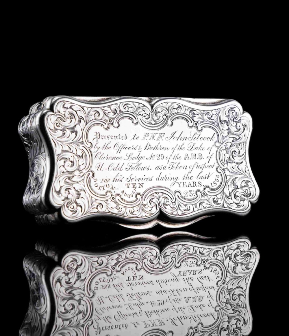 Antique Victorian Solid Silver Snuff Box with Fine Engravings Cartouche Design - Edward Smith 1850