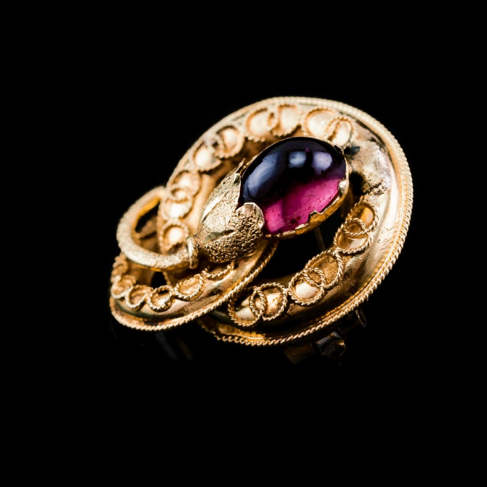 Antique Victorian 18ct Gold Garnet Cabochon Flower Bud Brooch - c.1880 View III