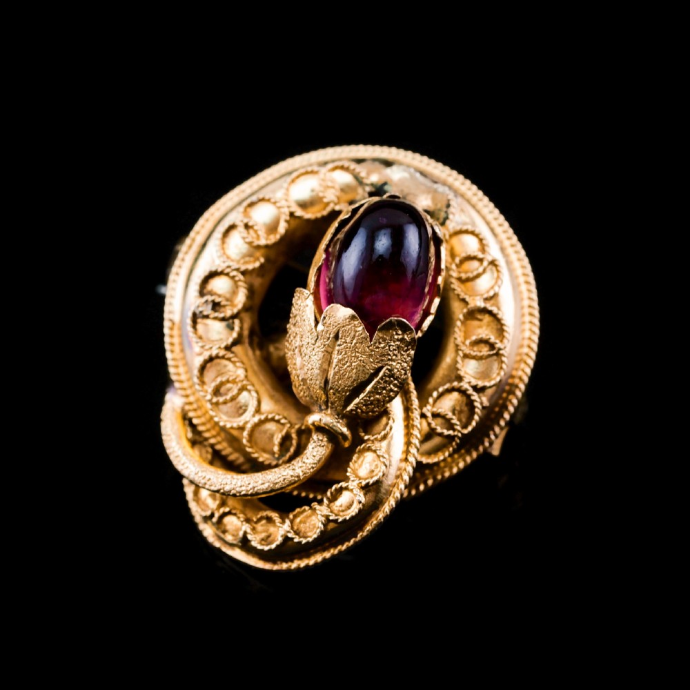 Antique Victorian 18ct Gold Garnet Cabochon Flower Bud Brooch - c.1880 View IV