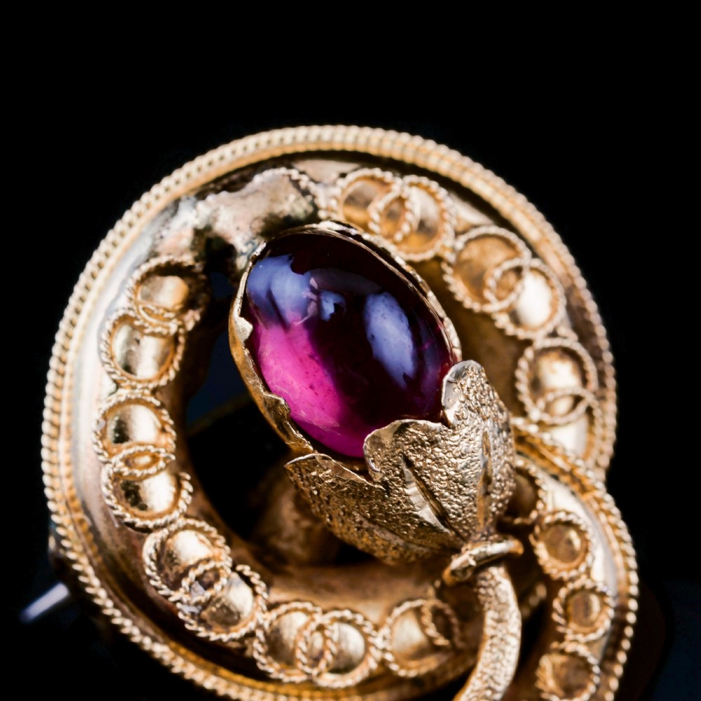 Antique Victorian 18ct Gold Garnet Cabochon Flower Bud Brooch - c.1880 View V