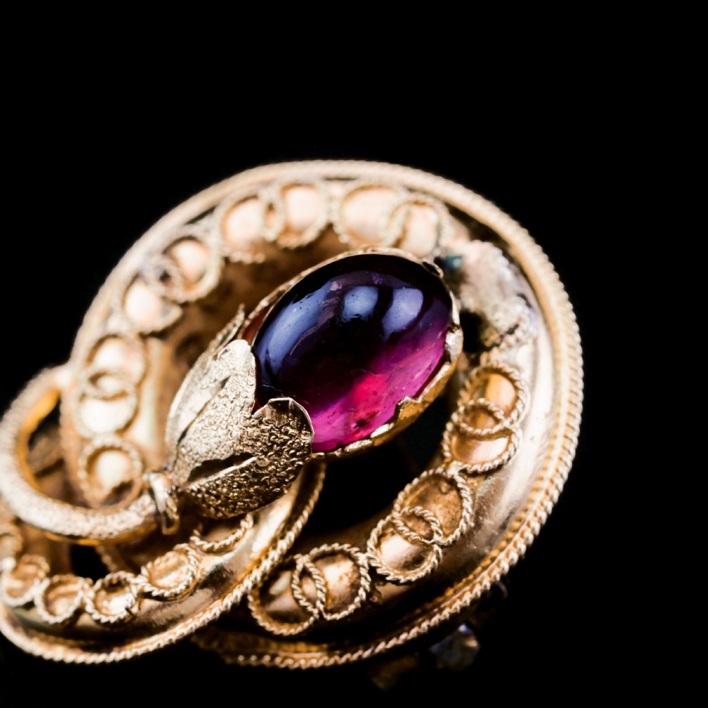 Antique Victorian 18ct Gold Garnet Cabochon Flower Bud Brooch - c.1880 View VI