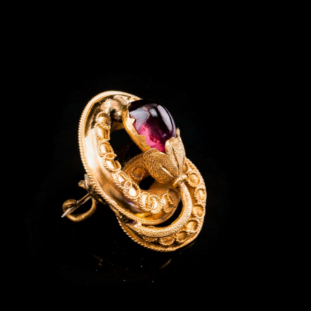Antique Victorian 18ct Gold Garnet Cabochon Flower Bud Brooch - c.1880 View VII
