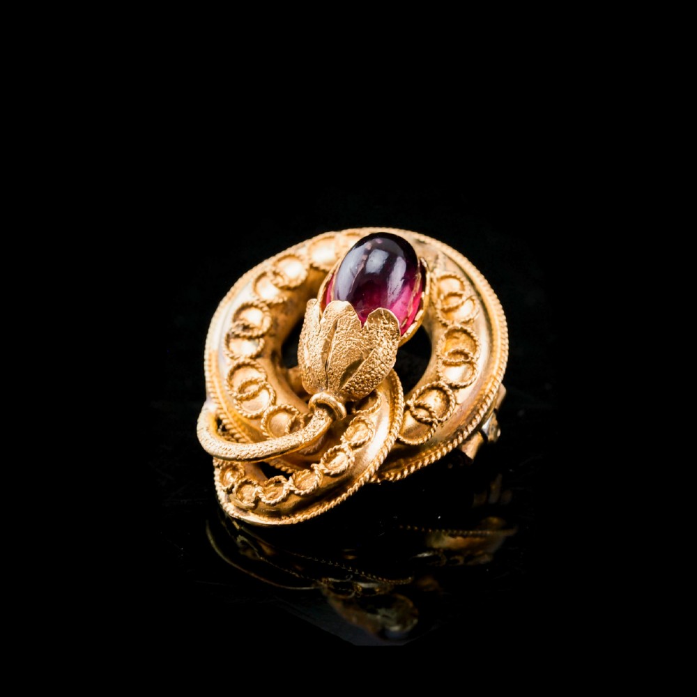 Antique Victorian 18ct Gold Garnet Cabochon Flower Bud Brooch - c.1880 View VIII