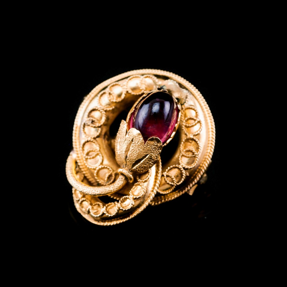 Antique Victorian 18ct Gold Garnet Cabochon Flower Bud Brooch - c.1880 View IX