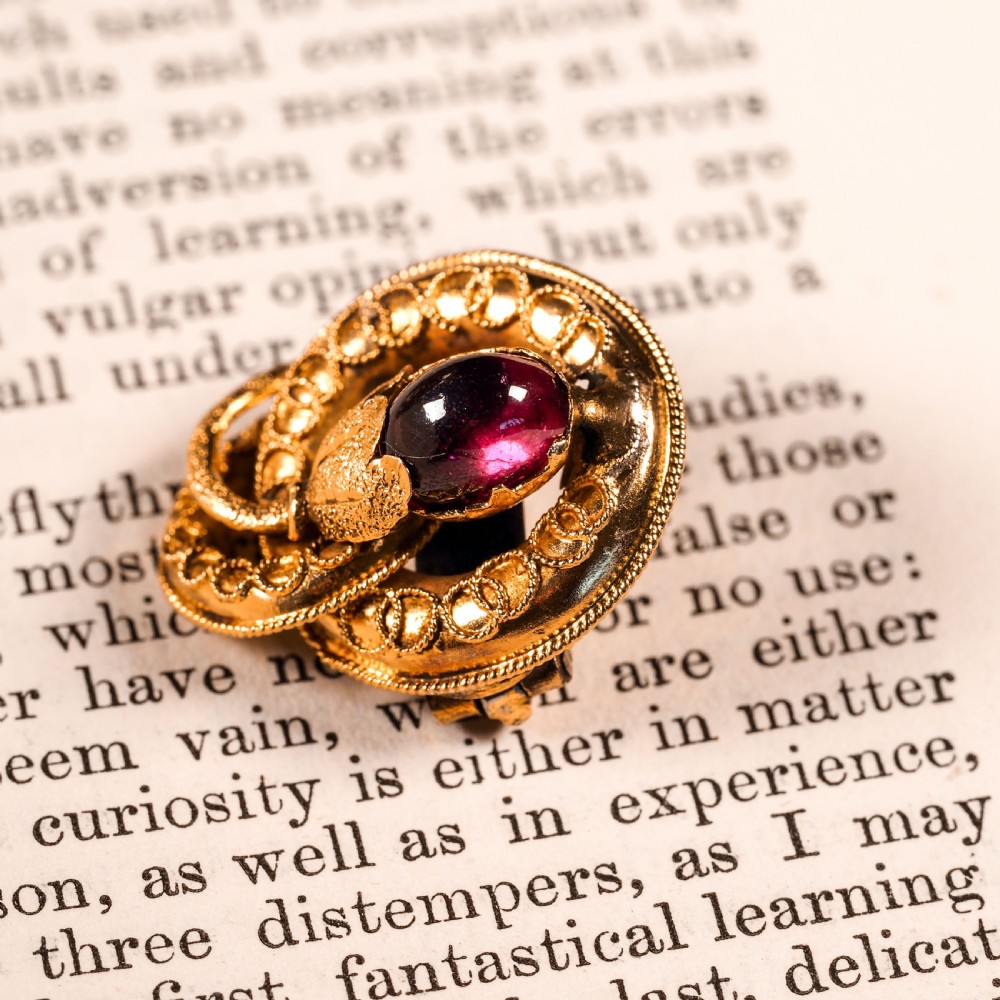 Antique Victorian 18ct Gold Garnet Cabochon Flower Bud Brooch - c.1880 View XV